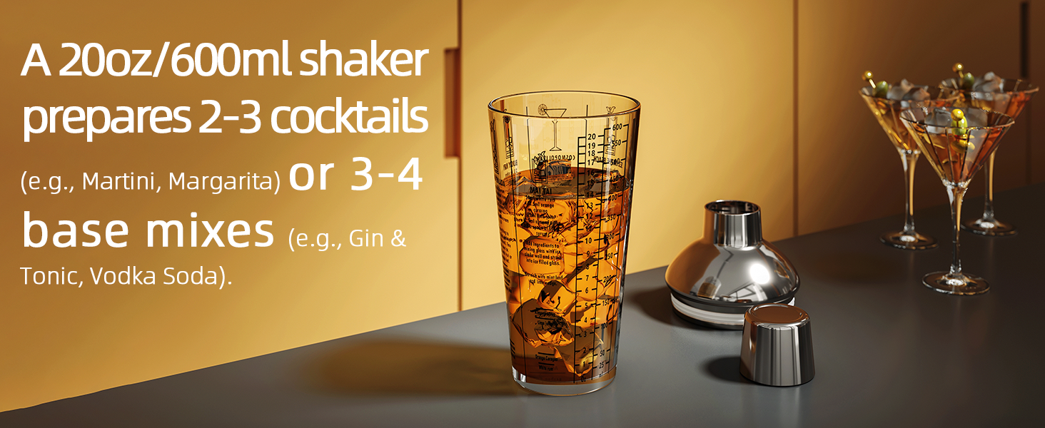 Glass Cocktail Shaker, with Recipes and Measurements 20oz, Built-in Strainer and Leakproof Seal, Clear Bar Tool for Margaritas, Martinis