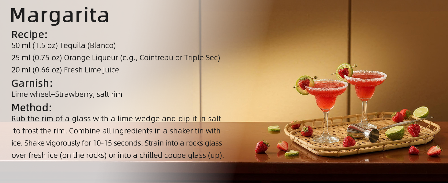 Glass Cocktail Shaker, with Recipes and Measurements 20oz, Built-in Strainer and Leakproof Seal, Clear Bar Tool for Margaritas, Martinis