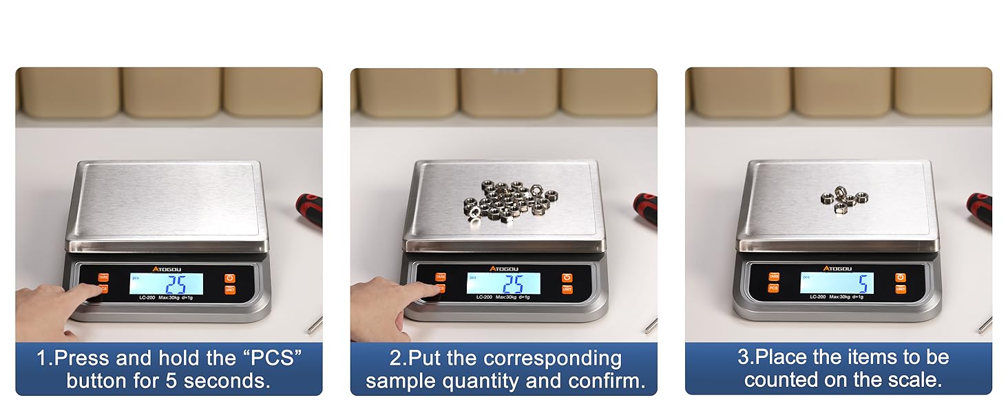 Atogou 66lb Food Scale, Commercial Kitchen Scale Plug-in Usable with Full View LCD Display, Stainless Steel, for Baking, Bread, Cooking, Meat, Vegetables, Farm, Industry LC200 Grey