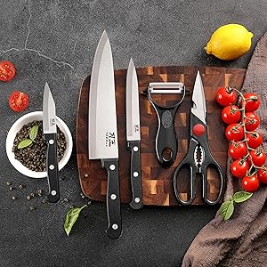 5 Pieces Kitchen knife Set, Knife Set Without Block with Sheathes, Stainless Steel Sharp Blade and Comfortable Handle, Chef Knife Set with Kitchen Scissors and Peeler for Cooking