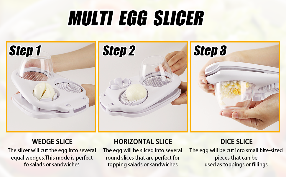 3 in 1 Egg Slicer for Hard Boiled Eggs with Cleaning Brush, Multipurpose 3-Way Cutter with 3 Slice Modes, Heavy Duty, Hard Boiled Egg Cutter & Fruit Slicer, Dishwasher Safe (White)