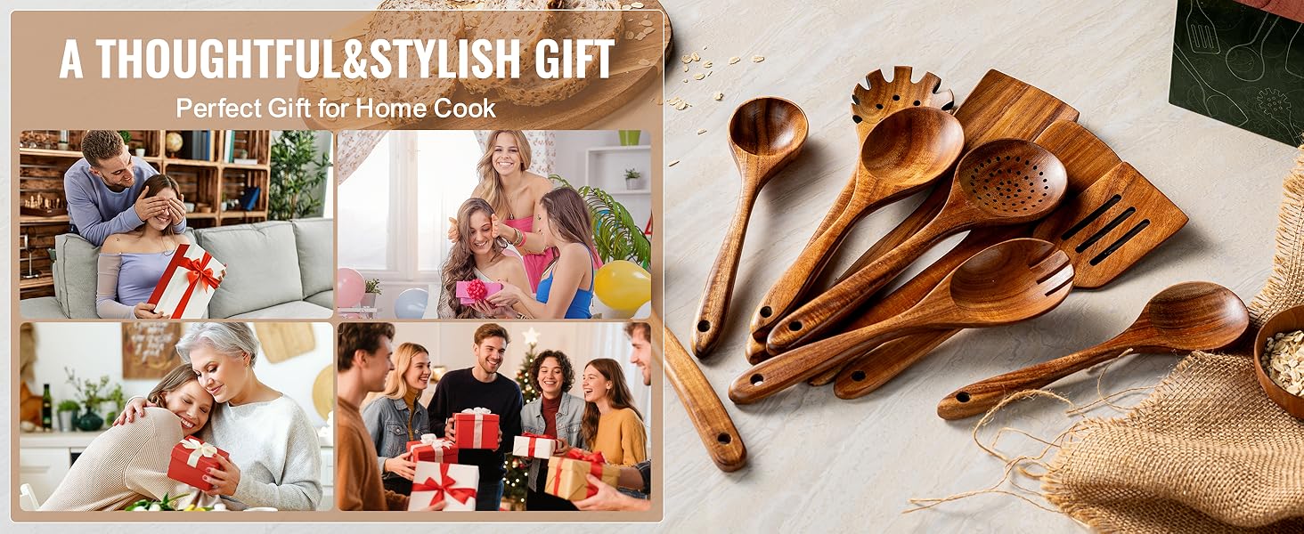 10 Pcs Wooden Spoons for Cooking, Natural Teak Wooden Kitchen Utensils Set, Durable Cooking Utensils Set with Comfort Grip for Cookware, Smooth Finish&NonStick& Heat Resistant Wooden Spatula