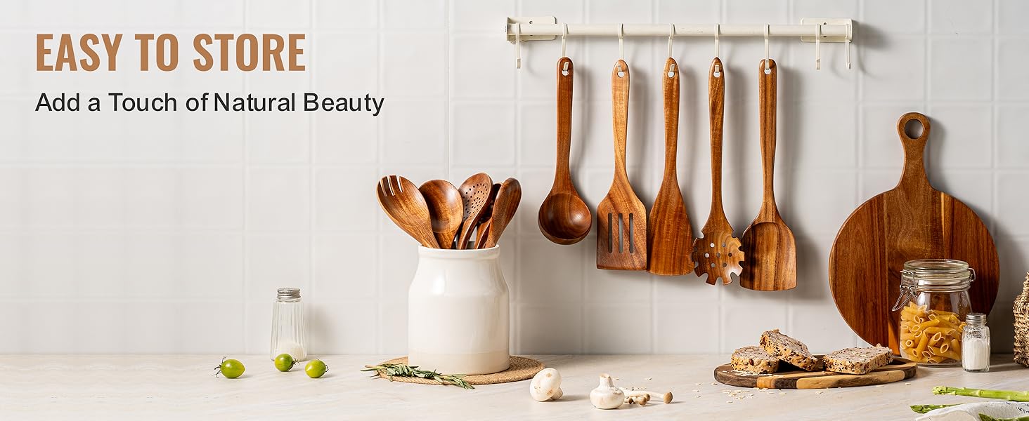 10 Pcs Wooden Spoons for Cooking, Natural Teak Wooden Kitchen Utensils Set, Durable Cooking Utensils Set with Comfort Grip for Cookware, Smooth Finish&NonStick& Heat Resistant Wooden Spatula