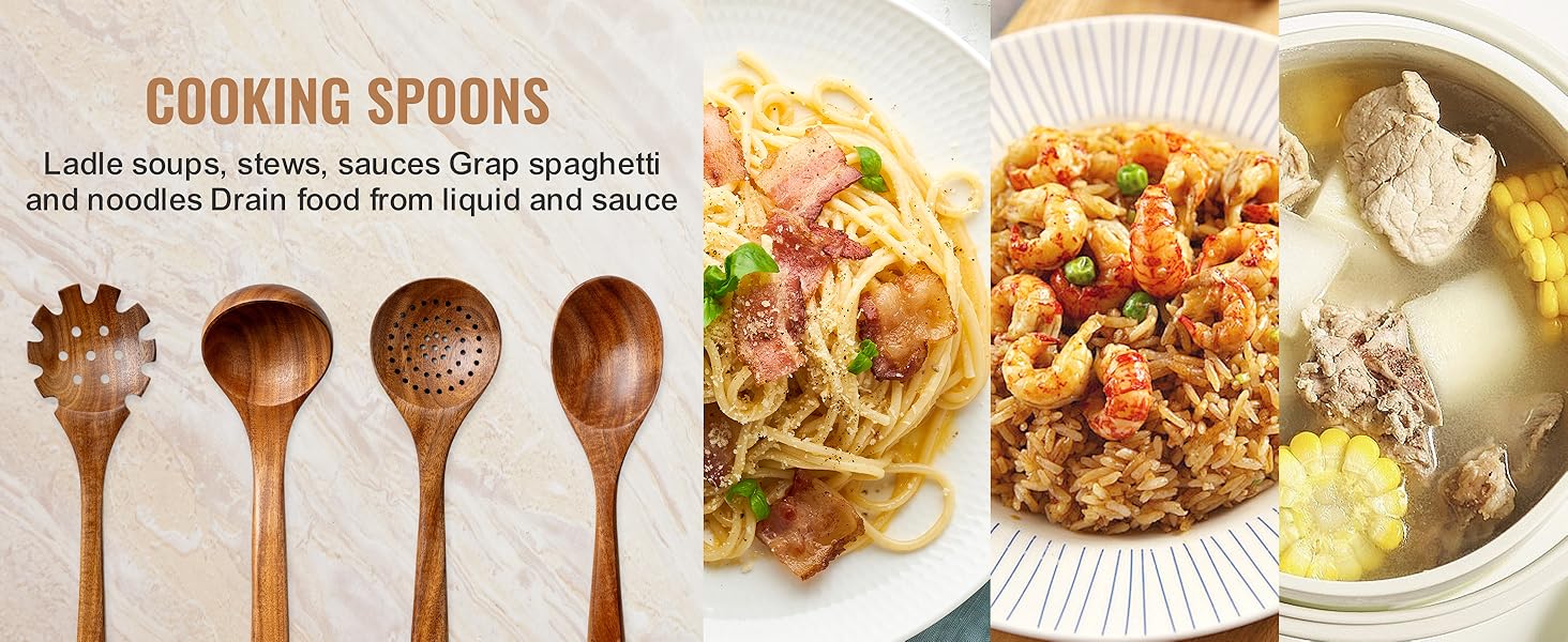 10 Pcs Wooden Spoons for Cooking, Natural Teak Wooden Kitchen Utensils Set, Durable Cooking Utensils Set with Comfort Grip for Cookware, Smooth Finish&NonStick& Heat Resistant Wooden Spatula