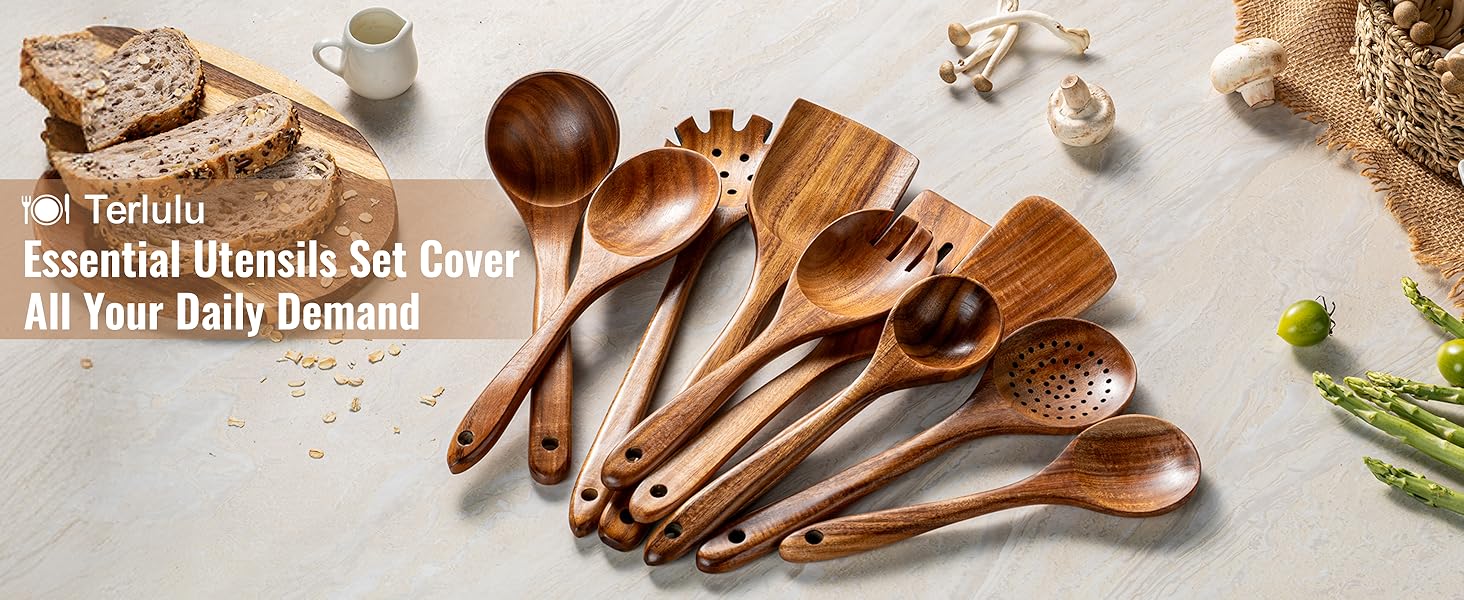 10 Pcs Wooden Spoons for Cooking, Natural Teak Wooden Kitchen Utensils Set, Durable Cooking Utensils Set with Comfort Grip for Cookware, Smooth Finish&NonStick& Heat Resistant Wooden Spatula