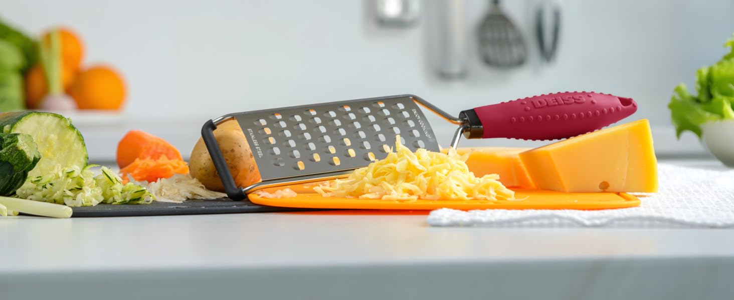 Deiss PRO Coarse Grater & Hand Held Cheese Grater - Sharp Stainless Steel Blades, Non-Slip Handle, Small Cheese Grater for Kitchen, Shredder, Dishwasher Safe