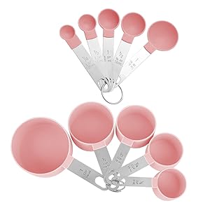 Measuring Cups and Spoons Set, 10-Piece Stackable Kitchen Tools with Stainless Steel Handles, Nesting Measurement Gadgets for Cooking & Baking (pink)