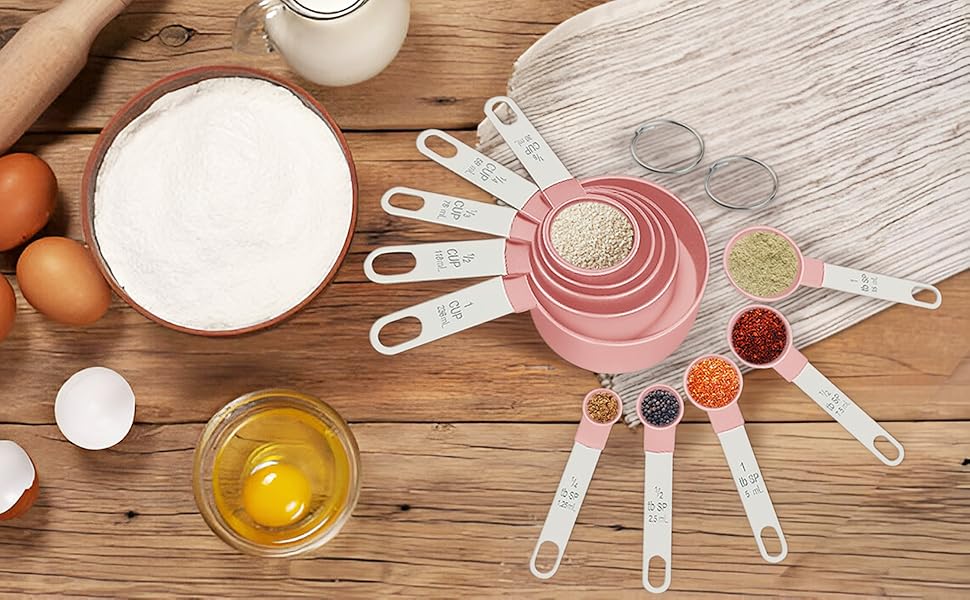Measuring Cups and Spoons Set, 10-Piece Stackable Kitchen Tools with Stainless Steel Handles, Nesting Measurement Gadgets for Cooking & Baking (pink)