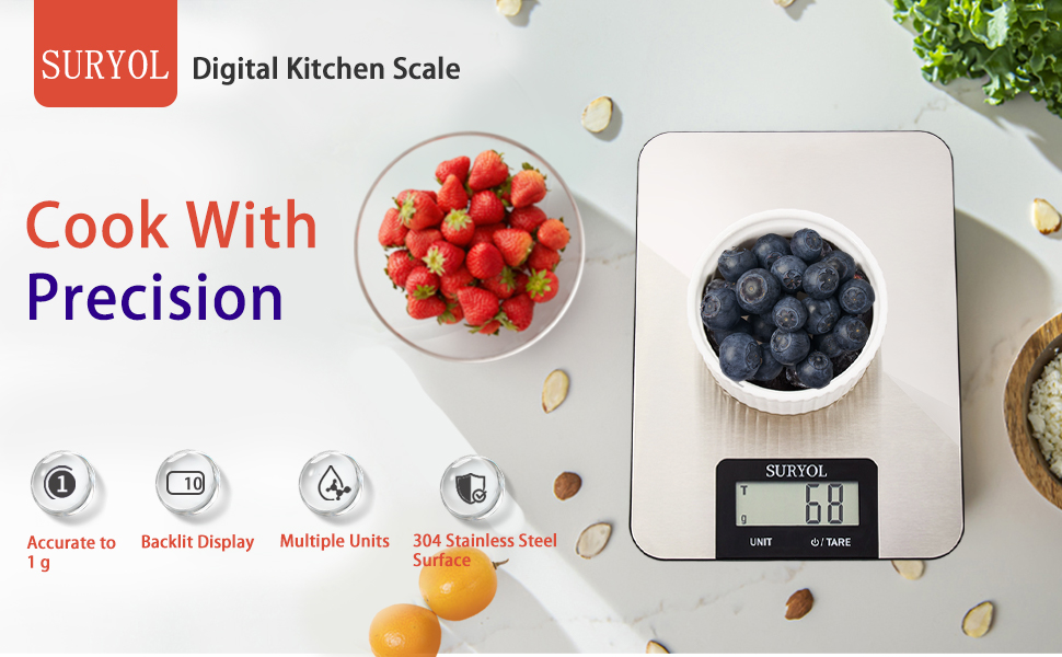 Food Kitchen Scale High-Precision Digital Scale Accurate Weighing for Baking & Cooking Enthusiasts(Shiny Black)