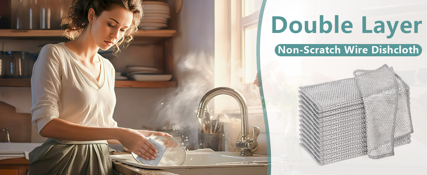 12Pcs Multipurpose Wire Dishwashing Cloths, Non-Scratch Wire Dishcloths, Double Layer & Wet & Dry Cleaning Cloths, Steel Mesh Cleaning Rags for Dishes/Metal/Home/Kitchen