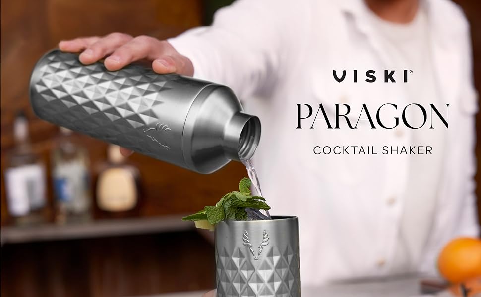 Viski Paragon Stainless Steel Cocktail Shaker, Double-Walled Drink Mixer with Built-in Strainer and Measuring Cap, Perfect for Cocktails, Martini, Mojito, Margarita, 23 oz, Set of 1, Platinum