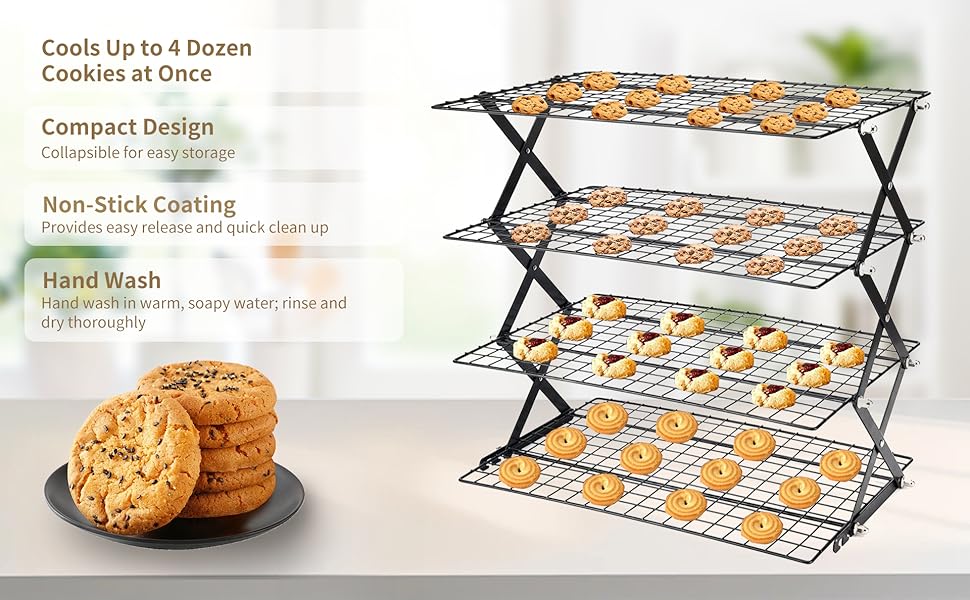 Cooling Racks for Cooking and Baking，2/3/4-Tier Upgraded Collapsible Cooling Rack，Adjustable 3 Setting Stackable Design，Nonstick Wire Rack for Baking，Roasting，Drying，Cookie，Cake，Muffins，Space Saving