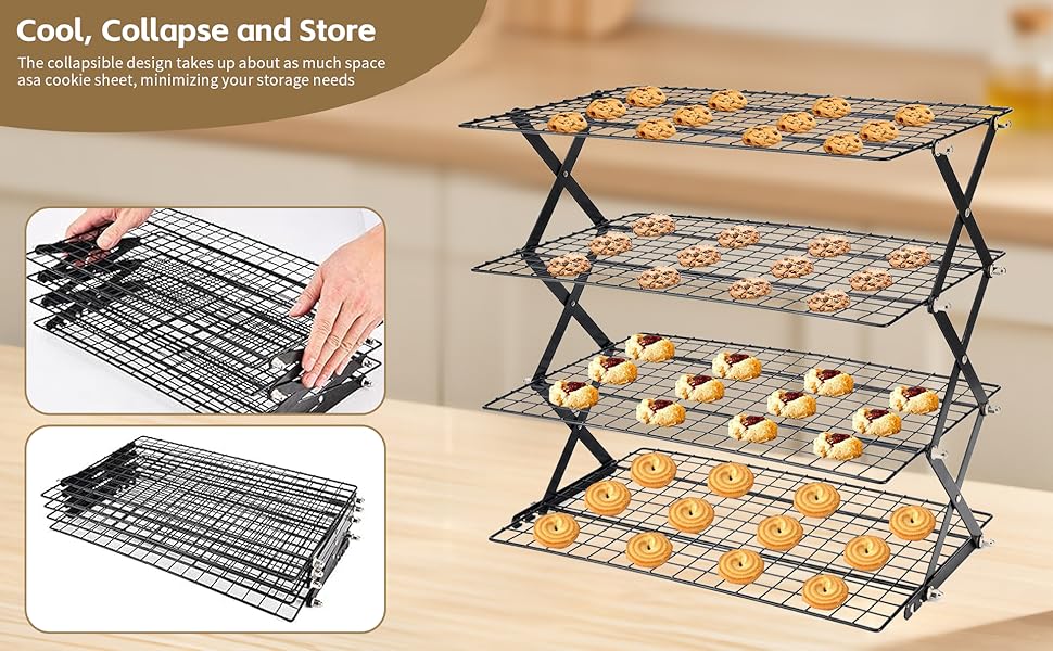 Cooling Racks for Cooking and Baking，2/3/4-Tier Upgraded Collapsible Cooling Rack，Adjustable 3 Setting Stackable Design，Nonstick Wire Rack for Baking，Roasting，Drying，Cookie，Cake，Muffins，Space Saving