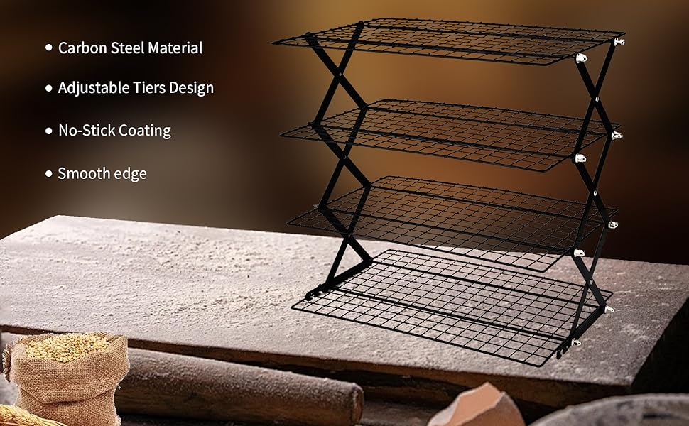 Cooling Racks for Cooking and Baking，2/3/4-Tier Upgraded Collapsible Cooling Rack，Adjustable 3 Setting Stackable Design，Nonstick Wire Rack for Baking，Roasting，Drying，Cookie，Cake，Muffins，Space Saving