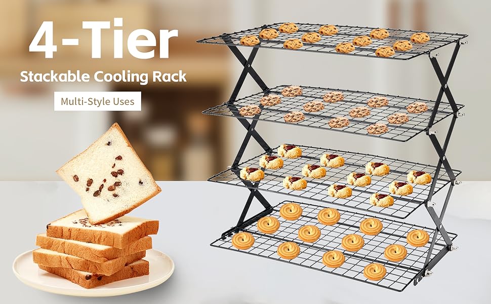 Cooling Racks for Cooking and Baking，2/3/4-Tier Upgraded Collapsible Cooling Rack，Adjustable 3 Setting Stackable Design，Nonstick Wire Rack for Baking，Roasting，Drying，Cookie，Cake，Muffins，Space Saving