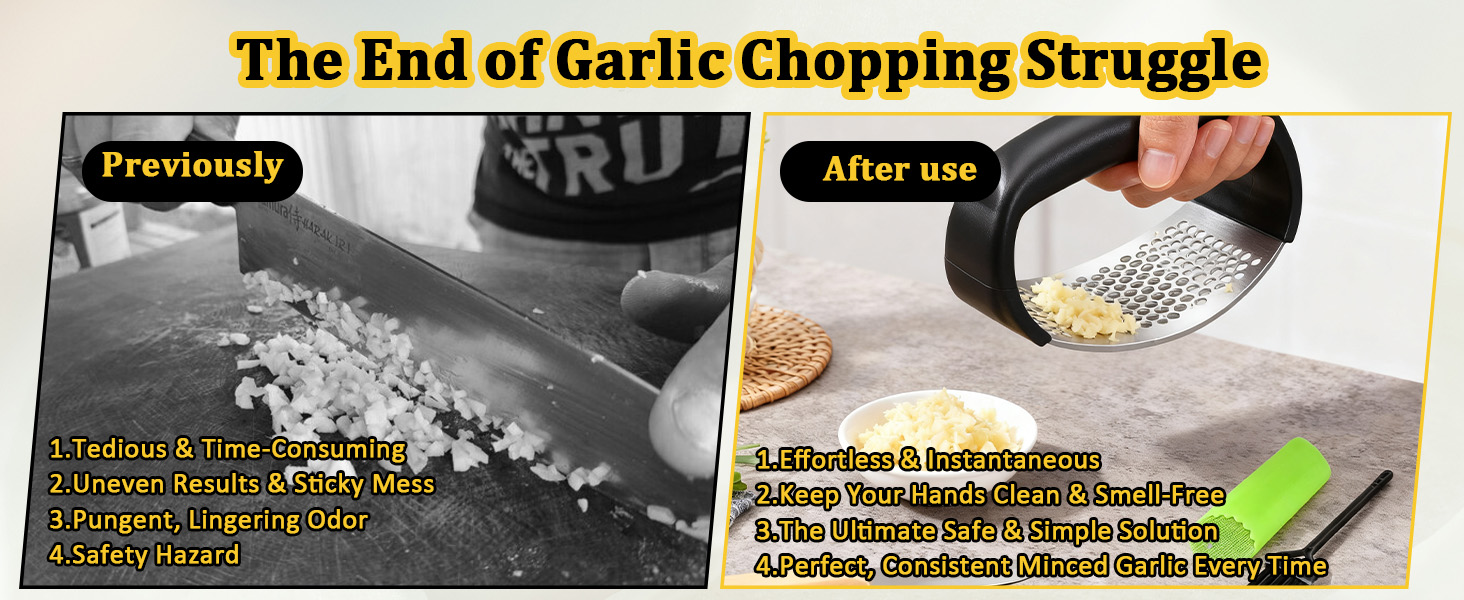 Stainless Steel Garlic Press Rocker Set - Heavy Duty Garlic Mincer, Crusher & Chopper with Silicone Peeler, Scraper & Cleaning Brush - Effortless Smasher and Grinder Tool for Easy Kitchen Prep (Green)