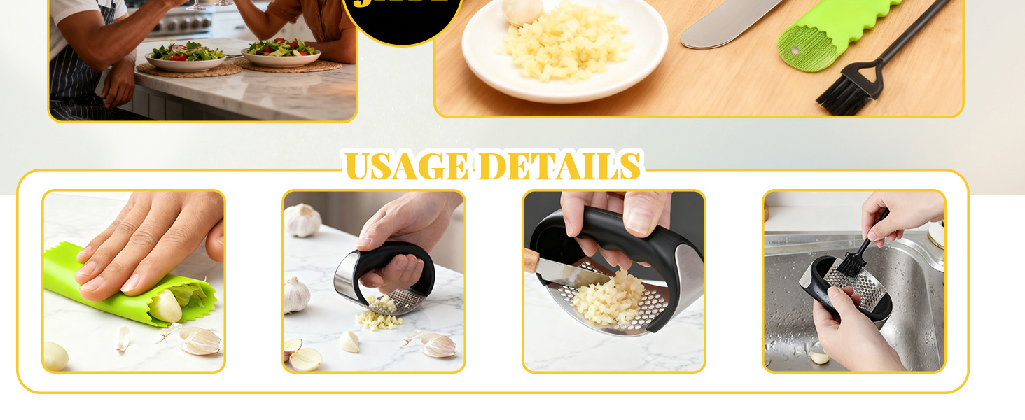 Stainless Steel Garlic Press Rocker Set - Heavy Duty Garlic Mincer, Crusher & Chopper with Silicone Peeler, Scraper & Cleaning Brush - Effortless Smasher and Grinder Tool for Easy Kitchen Prep (Green)