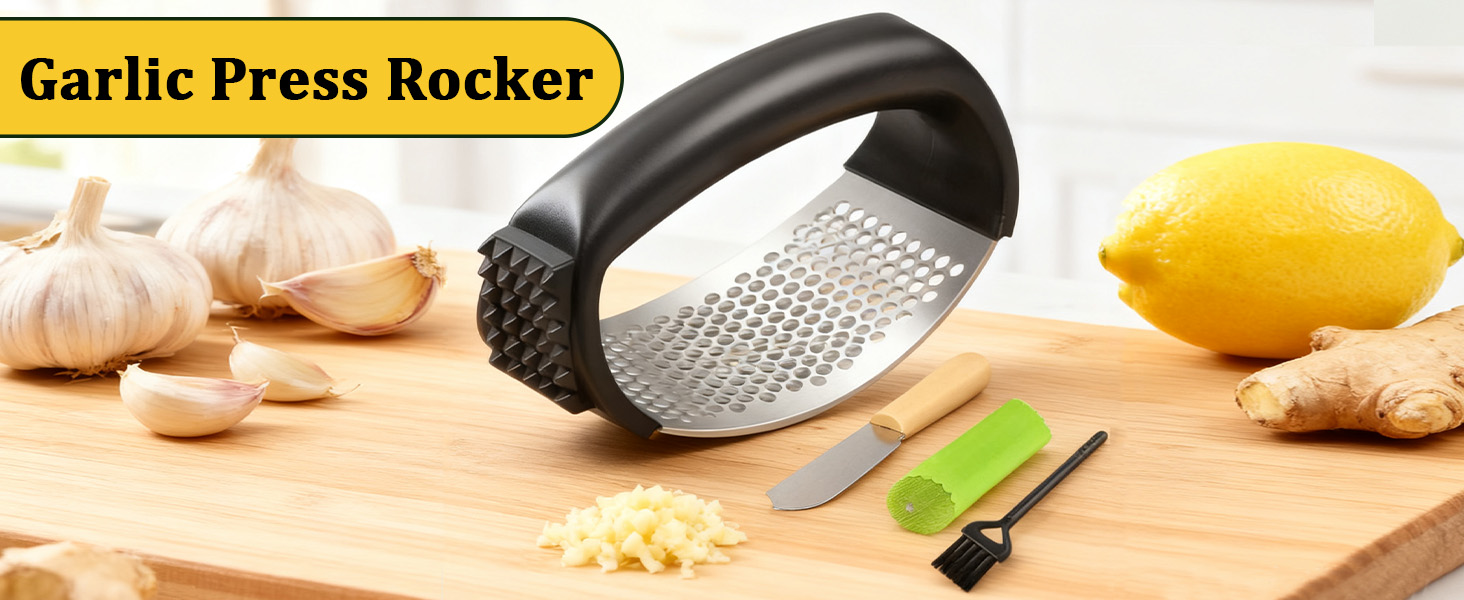 Stainless Steel Garlic Press Rocker Set - Heavy Duty Garlic Mincer, Crusher & Chopper with Silicone Peeler, Scraper & Cleaning Brush - Effortless Smasher and Grinder Tool for Easy Kitchen Prep (Green)