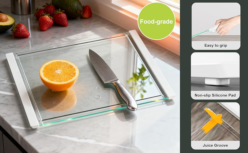 Tempered Glass Cutting Board Set for Kitchen Counter - Dishwasher Safe with Juice Grooves, Non-Slip Silicone Edges & Beveled Grip - 16