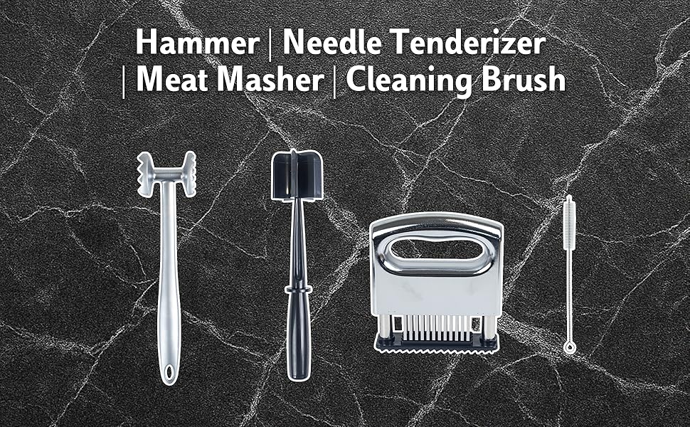 4-Piece Meat Tenderizer Tool – Includes Textured Meat Tenderizer Hammer, Stainless Steel Needle Tenderizer, ABS Mixing Stick & Cleaning Brush – 4-Piece Duty Kitchen Accessories for Steak & Chicken