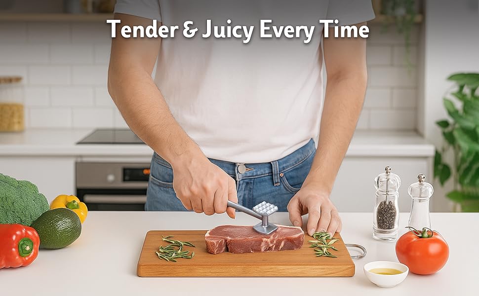 4-Piece Meat Tenderizer Tool – Includes Textured Meat Tenderizer Hammer, Stainless Steel Needle Tenderizer, ABS Mixing Stick & Cleaning Brush – 4-Piece Duty Kitchen Accessories for Steak & Chicken