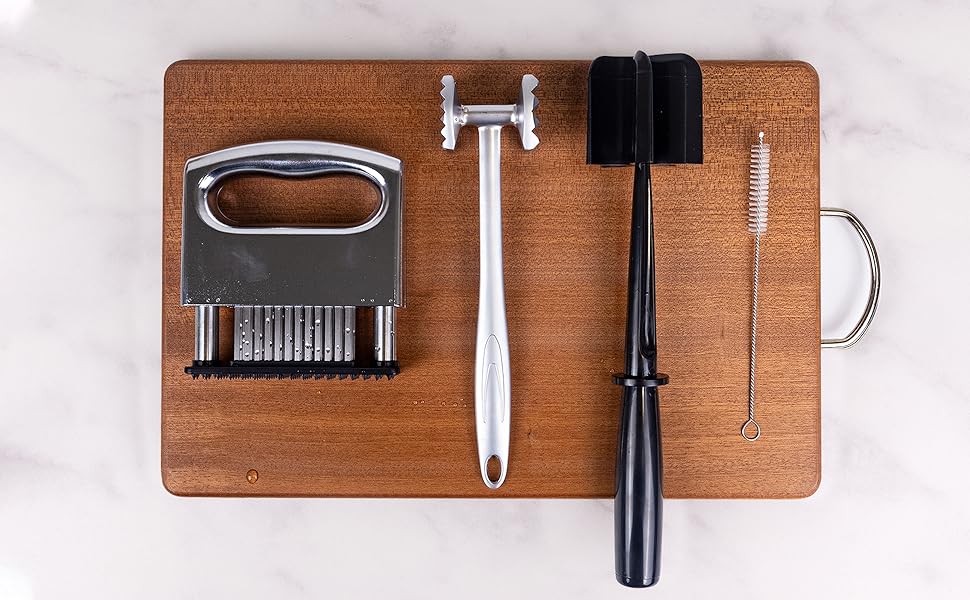 4-Piece Meat Tenderizer Tool – Includes Textured Meat Tenderizer Hammer, Stainless Steel Needle Tenderizer, ABS Mixing Stick & Cleaning Brush – 4-Piece Duty Kitchen Accessories for Steak & Chicken