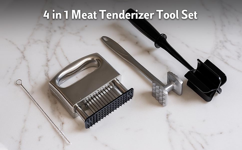 4-Piece Meat Tenderizer Tool – Includes Textured Meat Tenderizer Hammer, Stainless Steel Needle Tenderizer, ABS Mixing Stick & Cleaning Brush – 4-Piece Duty Kitchen Accessories for Steak & Chicken