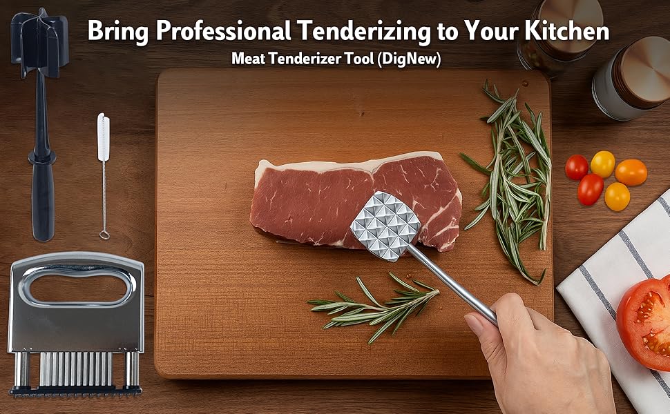 4-Piece Meat Tenderizer Tool – Includes Textured Meat Tenderizer Hammer, Stainless Steel Needle Tenderizer, ABS Mixing Stick & Cleaning Brush – 4-Piece Duty Kitchen Accessories for Steak & Chicken