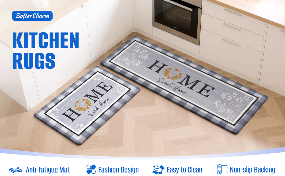 Kitchen Rugs, 2 PCS Kitchen Mats for Floor, Cushioned Non-Slip Anti Fatigue Mats for Kitchen Floor, Kitchen Runner Rugs for Standing Desk, Office, Laundry (17.3’’ x 30’’ + 17.3’’ x 47.2’’)