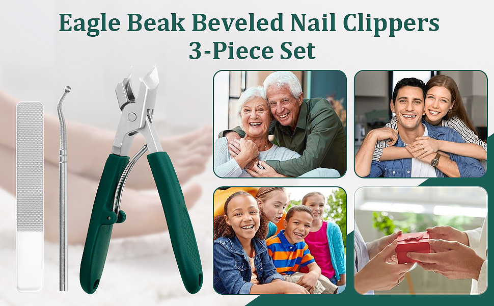 Eagle Beak Beveled Nail Clippers, Upgrade Stainless Steel Wide Jaw Opening Anti-Splash Nail Clipper Set of 3-Piece, Long Handle Angled Head Toenail Clippers for Ingrown & Thick Toenails, for Men Women