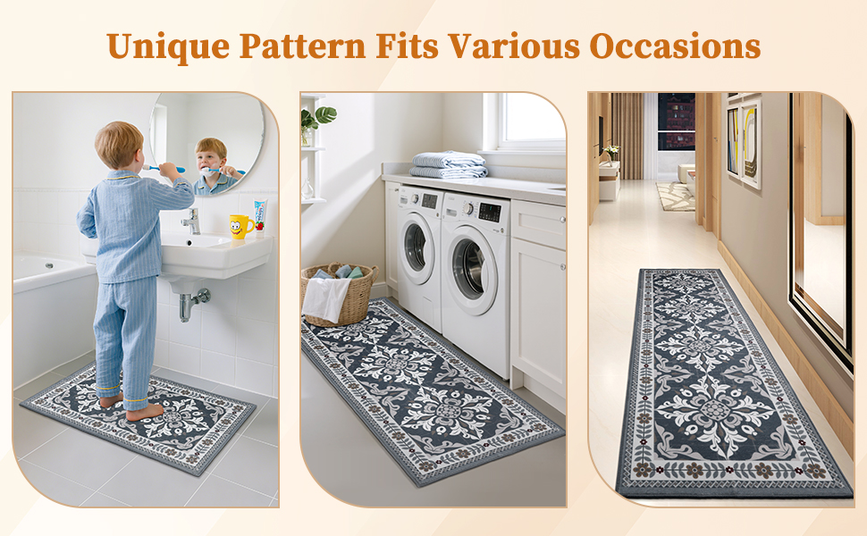 3-Piece Kitchen Rugs, Non-Slip & Washable Floor Mats, Water-Absorbent Area Pad, Standing Desk Mat for Office, Home, Doorway, Laundry, Kitchen Accessories (Grey)