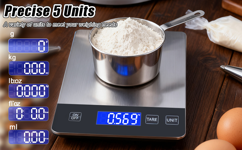 Food Kitchen Scale, 33lb Digital Food Scale Precisely Measures Grams and Ounces for Baking and Cooking, Rechargeable 304 Stainless Steel Kitchen Scale for Food with LCD Display, Batteries Included