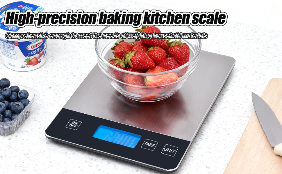 Food Kitchen Scale, 33lb Digital Food Scale Precisely Measures Grams and Ounces for Baking and Cooking, Rechargeable 304 Stainless Steel Kitchen Scale for Food with LCD Display, Batteries Included