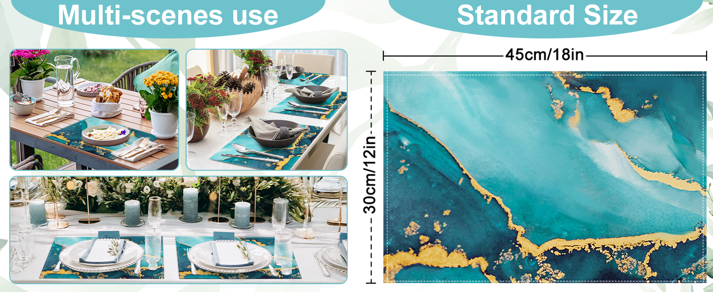 Bonhause Turquoise Marble Placemats Set of 4, 12x18 Inch Teal Gold Modern Abstract Art Kitchen Dining Table Mats Washable Place Mats for Indoor Outdoor Home Party Decor