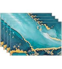Bonhause Turquoise Marble Placemats Set of 4, 12x18 Inch Teal Gold Modern Abstract Art Kitchen Dining Table Mats Washable Place Mats for Indoor Outdoor Home Party Decor