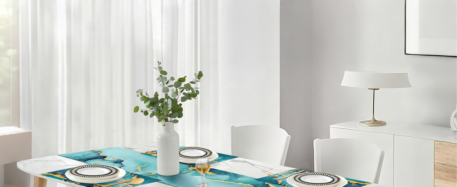 Bonhause Turquoise Marble Placemats Set of 4, 12x18 Inch Teal Gold Modern Abstract Art Kitchen Dining Table Mats Washable Place Mats for Indoor Outdoor Home Party Decor