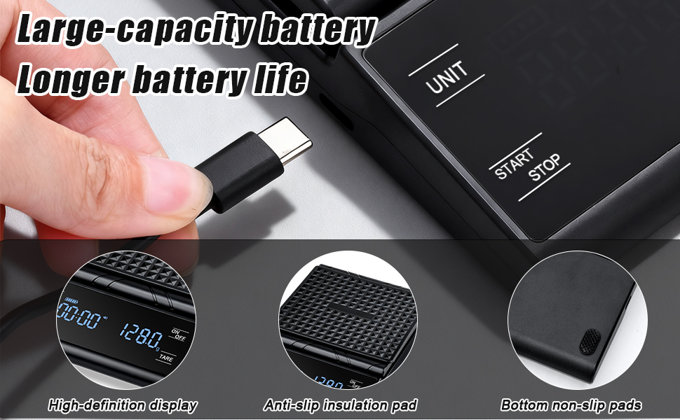 Rechargeable Coffee Scale with Timer, 5kg/0.1g Precision Pour Over Drip Espresso Scale for French Press, Digital Kitchen Scale with Auto Tare, Lit LCD Display and Silicone Cover