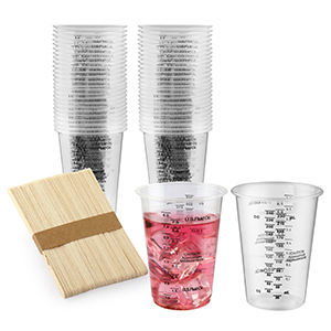 50PCS Resin Epoxy Mixing Cups, DQELFA 8oz Clear Plastic Paint Measuring Cups with 50pcs Wooden Stirring Sticks for Epoxy Resins, Mixing Paint, Pigments, Resins