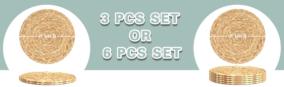 Boho Trivets for Hot Dishes, Pots and Pans, Farmhouse Water Hyacinth Hot Pads 8 Inch, Straw Pot Holders for Kitchen, Rustic Braided Heat Resistant Mat, Jute Coasters Set Wicker Decor (Natural 3 Pcs)