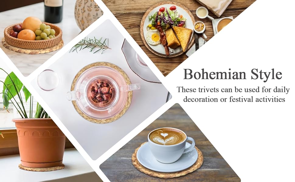 Boho Trivets for Hot Dishes, Pots and Pans, Farmhouse Water Hyacinth Hot Pads 8 Inch, Straw Pot Holders for Kitchen, Rustic Braided Heat Resistant Mat, Jute Coasters Set Wicker Decor (Natural 3 Pcs)