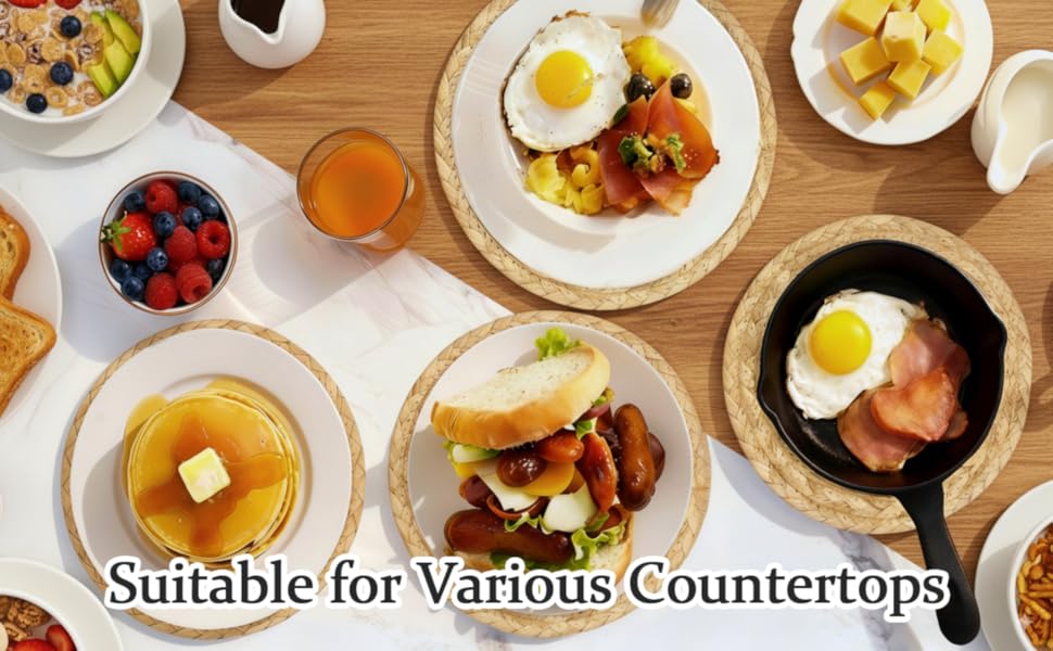 Boho Trivets for Hot Dishes, Pots and Pans, Farmhouse Water Hyacinth Hot Pads 8 Inch, Straw Pot Holders for Kitchen, Rustic Braided Heat Resistant Mat, Jute Coasters Set Wicker Decor (Natural 3 Pcs)