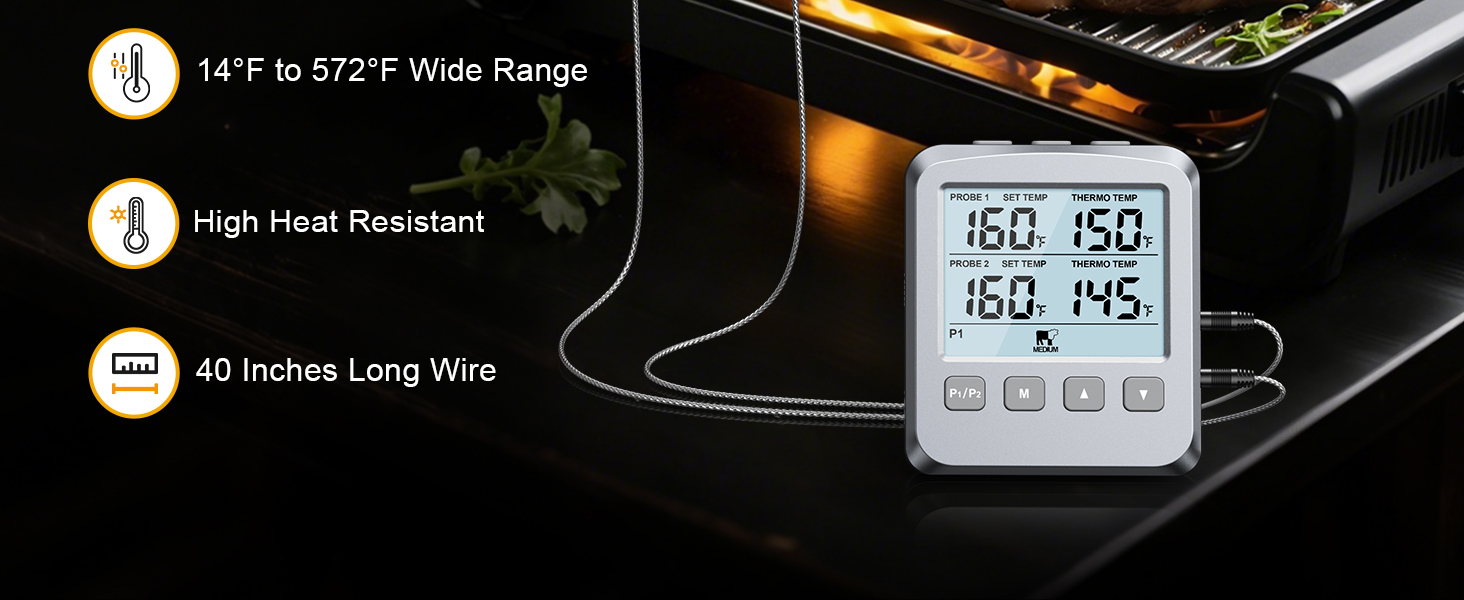 Dual Probe Meat Thermometer Digital for Cooking, Grilling & Smoking with Large LCD Backlight & Alarm, Kitchen Food Grill Thermometer, Smoker Accessories for BBQ, Oven, Oil Fry, Gifts for Men