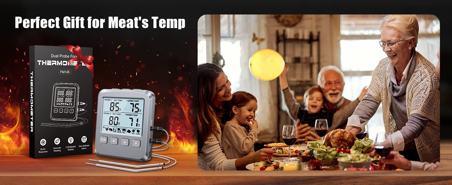 Dual Probe Meat Thermometer Digital for Cooking, Grilling & Smoking with Large LCD Backlight & Alarm, Kitchen Food Grill Thermometer, Smoker Accessories for BBQ, Oven, Oil Fry, Gifts for Men