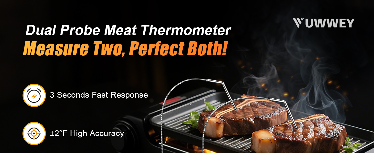 Dual Probe Meat Thermometer Digital for Cooking, Grilling & Smoking with Large LCD Backlight & Alarm, Kitchen Food Grill Thermometer, Smoker Accessories for BBQ, Oven, Oil Fry, Gifts for Men