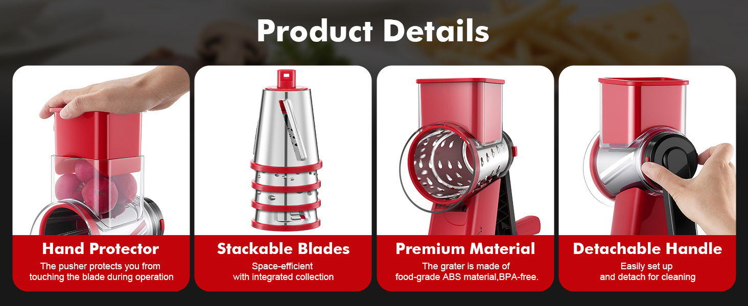 GDL Rotary Cheese Grater Hand Crank - Upgraded Cheese Shredder with 4 Interchangeable Blades, Rotary Grater with Non-slip Suction Base, Easy to Clean Kitchen Grater Slicer Grinder for Vegetable Nuts