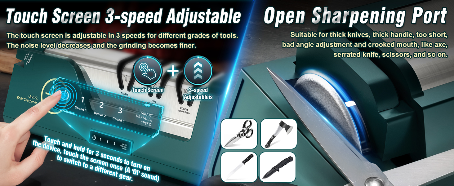 Professional Electric Knife Sharpener with 100% Diamond Abrasives & Precision Angle Guides, 3-Speed Variable 4-Stage Open Touch-Screen Knife Sharpener for Straight, Serrated Edges, Scissors & Axes