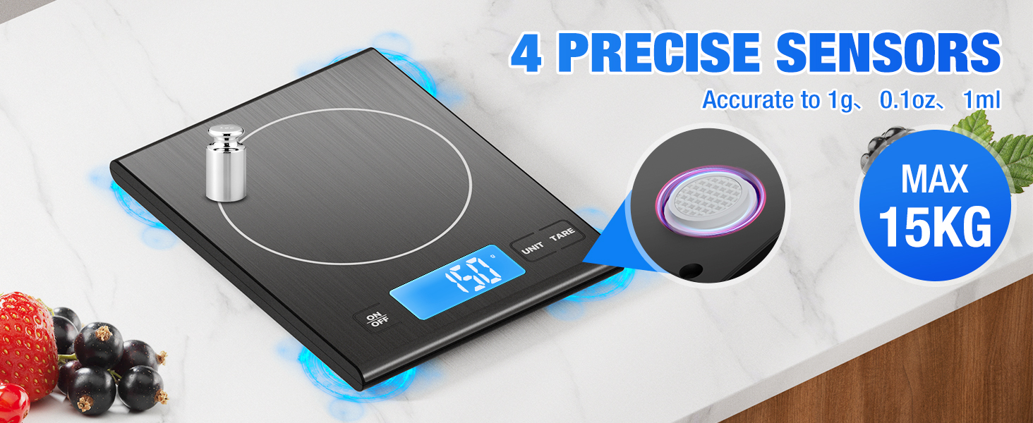 Rechargeable 304 Stainless Steel Kitchen Scale, Diyife 33lb Digital Food Scale with LCD Display, Batteries and Type-C Charging, for Meal Prep, Cooking, Baking (Black)