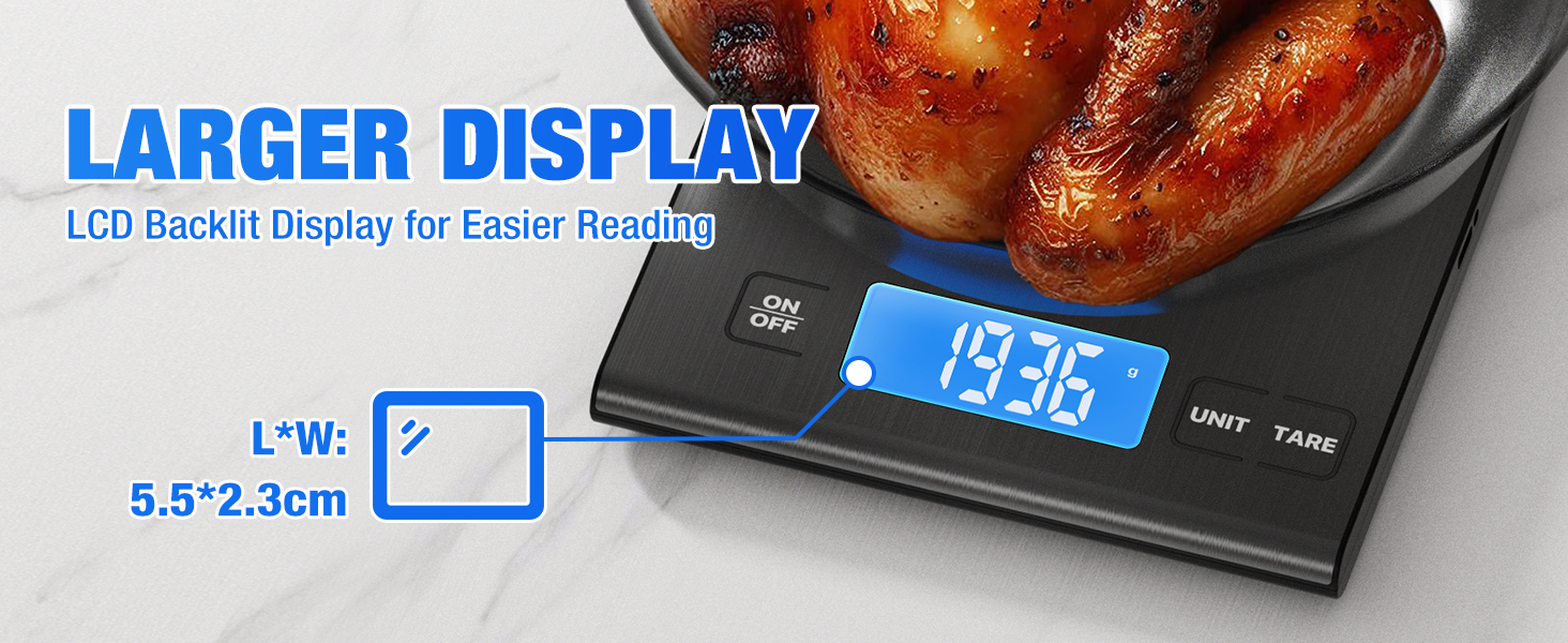 Rechargeable 304 Stainless Steel Kitchen Scale, Diyife 33lb Digital Food Scale with LCD Display, Batteries and Type-C Charging, for Meal Prep, Cooking, Baking (Black)