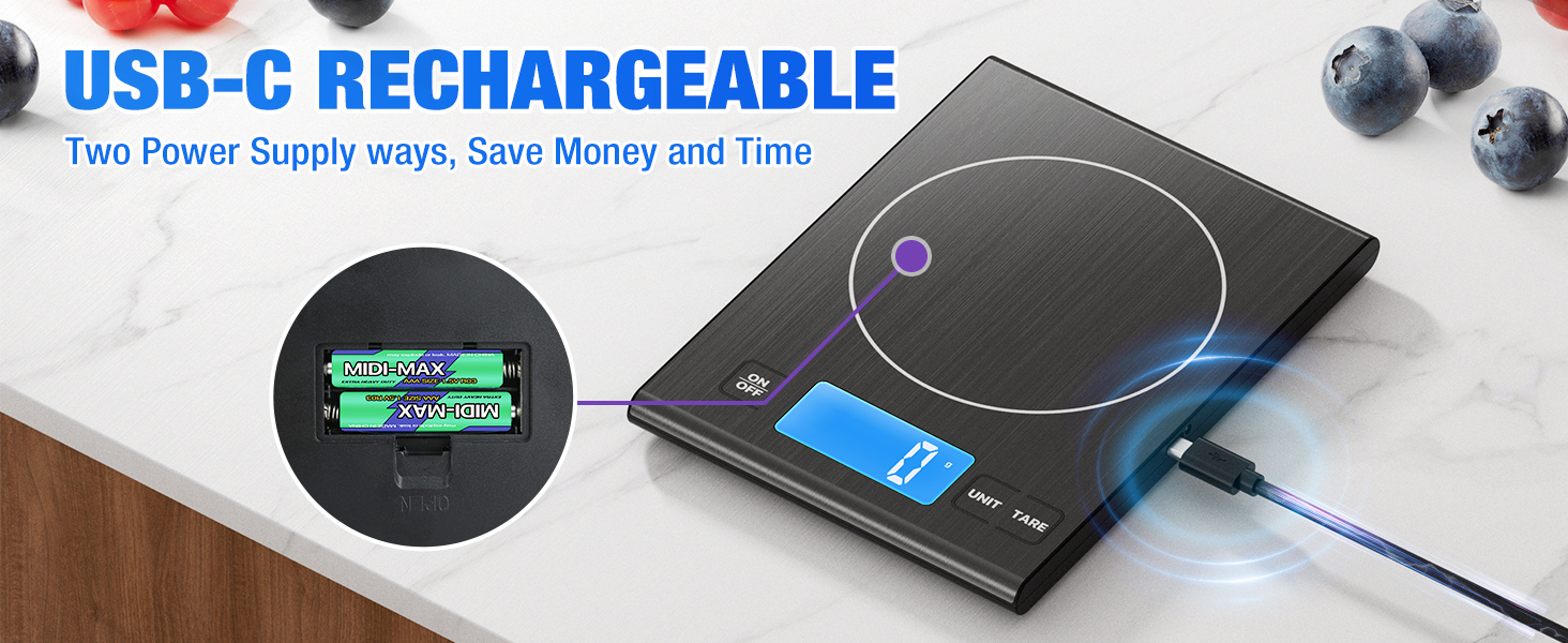 Rechargeable 304 Stainless Steel Kitchen Scale, Diyife 33lb Digital Food Scale with LCD Display, Batteries and Type-C Charging, for Meal Prep, Cooking, Baking (Black)