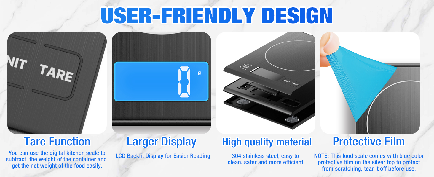 Rechargeable 304 Stainless Steel Kitchen Scale, Diyife 33lb Digital Food Scale with LCD Display, Batteries and Type-C Charging, for Meal Prep, Cooking, Baking (Black)